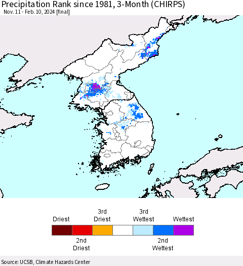 Korea Precipitation Rank since 1981, 3-Month (CHIRPS) Thematic Map For 11/11/2023 - 2/10/2024