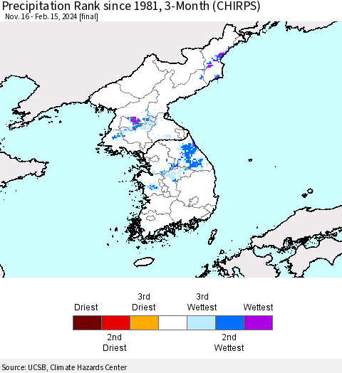 Korea Precipitation Rank since 1981, 3-Month (CHIRPS) Thematic Map For 11/16/2023 - 2/15/2024