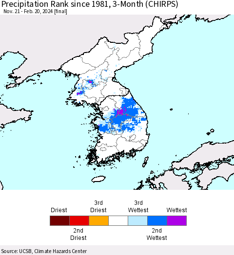 Korea Precipitation Rank since 1981, 3-Month (CHIRPS) Thematic Map For 11/21/2023 - 2/20/2024