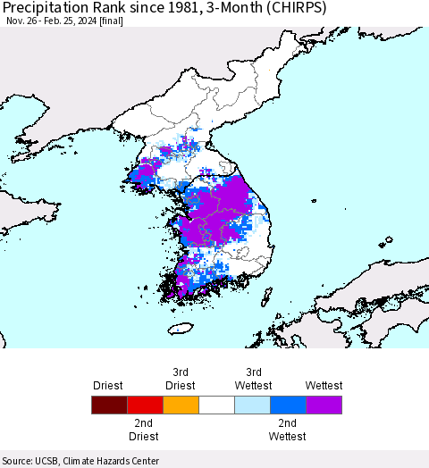 Korea Precipitation Rank since 1981, 3-Month (CHIRPS) Thematic Map For 11/26/2023 - 2/25/2024