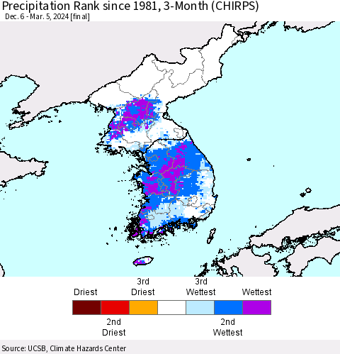 Korea Precipitation Rank since 1981, 3-Month (CHIRPS) Thematic Map For 12/6/2023 - 3/5/2024