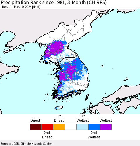 Korea Precipitation Rank since 1981, 3-Month (CHIRPS) Thematic Map For 12/11/2023 - 3/10/2024