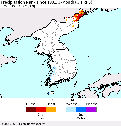 Korea Precipitation Rank since 1981, 3-Month (CHIRPS) Thematic Map For 12/16/2023 - 3/15/2024