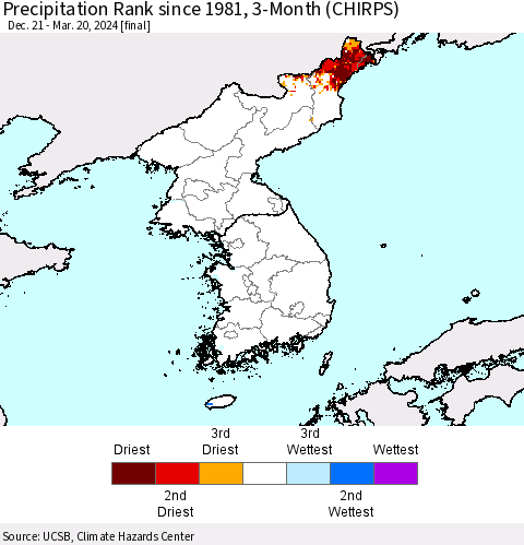 Korea Precipitation Rank since 1981, 3-Month (CHIRPS) Thematic Map For 12/21/2023 - 3/20/2024