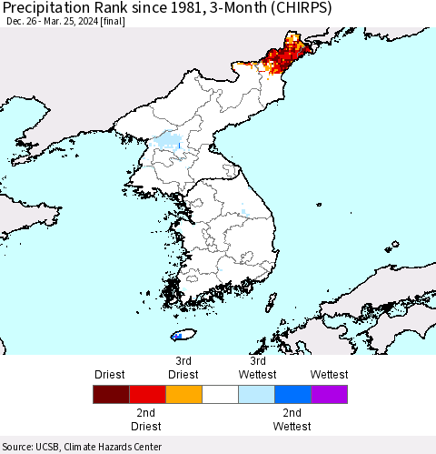 Korea Precipitation Rank since 1981, 3-Month (CHIRPS) Thematic Map For 12/26/2023 - 3/25/2024