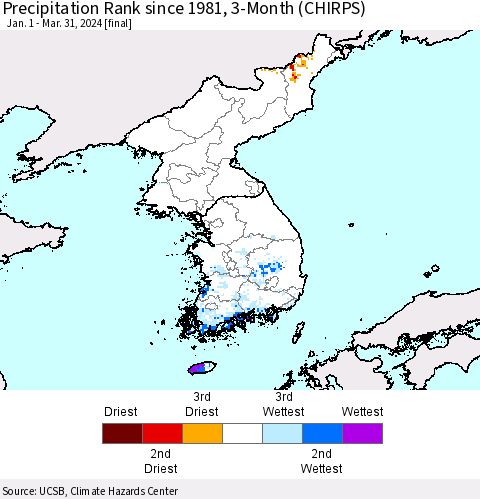 Korea Precipitation Rank since 1981, 3-Month (CHIRPS) Thematic Map For 1/1/2024 - 3/31/2024