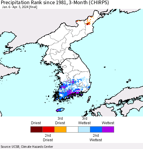 Korea Precipitation Rank since 1981, 3-Month (CHIRPS) Thematic Map For 1/6/2024 - 4/5/2024