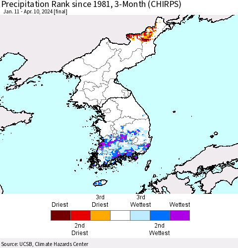 Korea Precipitation Rank since 1981, 3-Month (CHIRPS) Thematic Map For 1/11/2024 - 4/10/2024