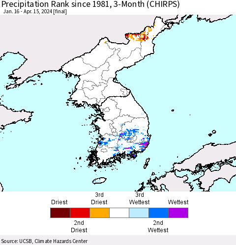 Korea Precipitation Rank since 1981, 3-Month (CHIRPS) Thematic Map For 1/16/2024 - 4/15/2024