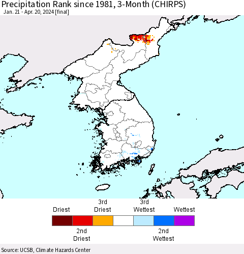 Korea Precipitation Rank since 1981, 3-Month (CHIRPS) Thematic Map For 1/21/2024 - 4/20/2024