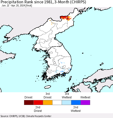 Korea Precipitation Rank since 1981, 3-Month (CHIRPS) Thematic Map For 1/21/2024 - 4/20/2024