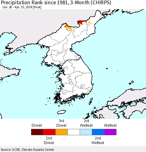 Korea Precipitation Rank since 1981, 3-Month (CHIRPS) Thematic Map For 1/26/2024 - 4/25/2024