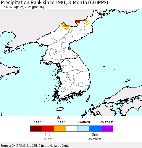 Korea Precipitation Rank since 1981, 3-Month (CHIRPS) Thematic Map For 1/26/2024 - 4/25/2024