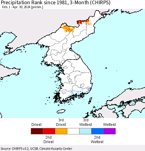Korea Precipitation Rank since 1981, 3-Month (CHIRPS) Thematic Map For 2/1/2024 - 4/30/2024