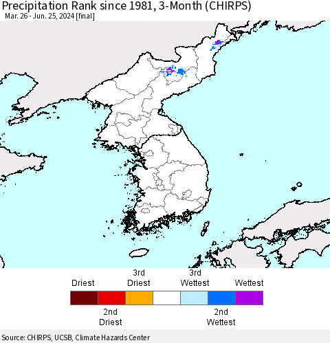 Korea Precipitation Rank since 1981, 3-Month (CHIRPS) Thematic Map For 3/26/2024 - 6/25/2024