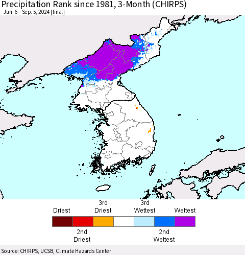 Korea Precipitation Rank since 1981, 3-Month (CHIRPS) Thematic Map For 6/6/2024 - 9/5/2024