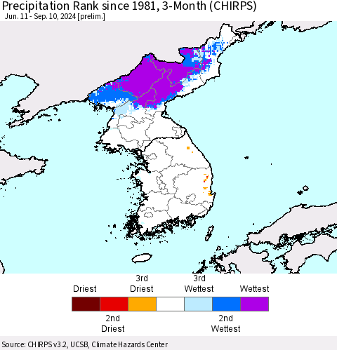 Korea Precipitation Rank since 1981, 3-Month (CHIRPS) Thematic Map For 6/11/2024 - 9/10/2024