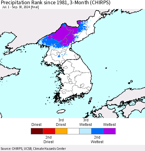 Korea Precipitation Rank since 1981, 3-Month (CHIRPS) Thematic Map For 7/1/2024 - 9/30/2024