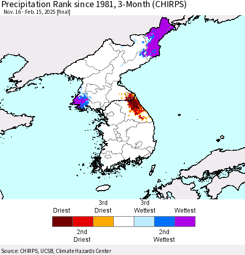 Korea Precipitation Rank since 1981, 3-Month (CHIRPS) Thematic Map For 11/16/2024 - 2/15/2025