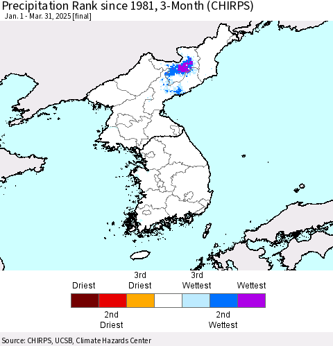 Korea Precipitation Rank since 1981, 3-Month (CHIRPS) Thematic Map For 1/1/2025 - 3/31/2025