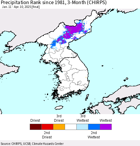 Korea Precipitation Rank since 1981, 3-Month (CHIRPS) Thematic Map For 1/11/2025 - 4/10/2025