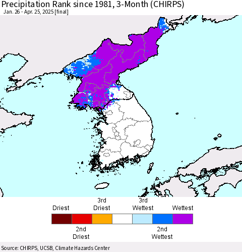 Korea Precipitation Rank since 1981, 3-Month (CHIRPS) Thematic Map For 1/26/2025 - 4/25/2025