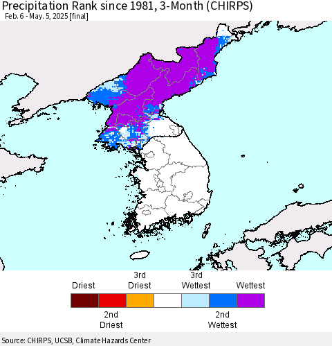 Korea Precipitation Rank since 1981, 3-Month (CHIRPS) Thematic Map For 2/6/2025 - 5/5/2025