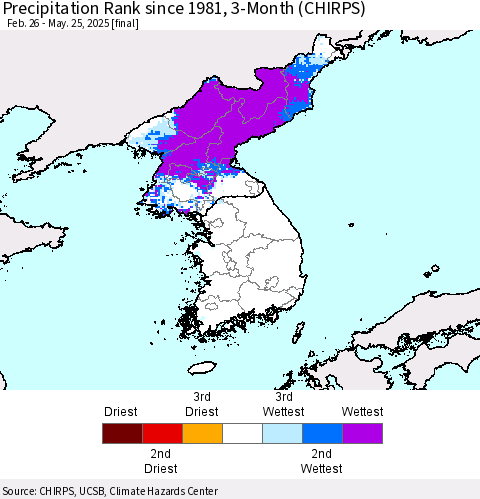 Korea Precipitation Rank since 1981, 3-Month (CHIRPS) Thematic Map For 2/26/2025 - 5/25/2025