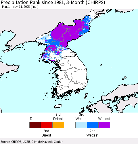 Korea Precipitation Rank since 1981, 3-Month (CHIRPS) Thematic Map For 3/1/2025 - 5/31/2025