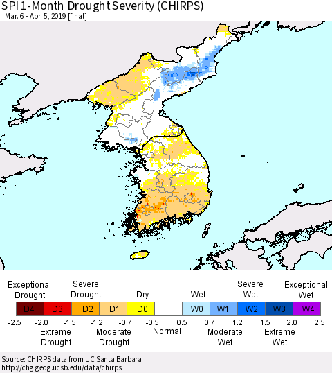 Korea SPI 1-Month Drought Severity (CHIRPS) Thematic Map For 3/6/2019 - 4/5/2019