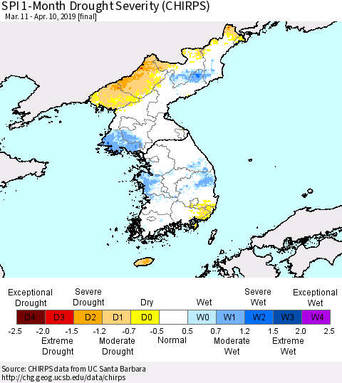 Korea SPI 1-Month Drought Severity (CHIRPS) Thematic Map For 3/11/2019 - 4/10/2019