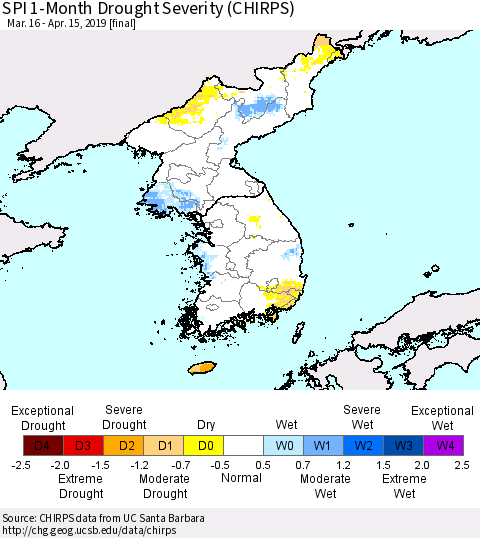 Korea SPI 1-Month Drought Severity (CHIRPS) Thematic Map For 3/16/2019 - 4/15/2019