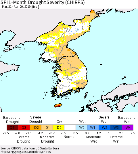 Korea SPI 1-Month Drought Severity (CHIRPS) Thematic Map For 3/21/2019 - 4/20/2019