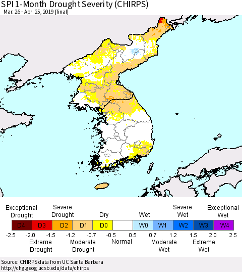 Korea SPI 1-Month Drought Severity (CHIRPS) Thematic Map For 3/26/2019 - 4/25/2019