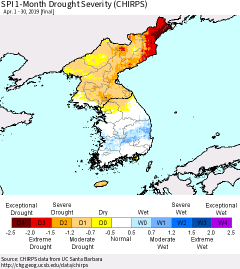 Korea SPI 1-Month Drought Severity (CHIRPS) Thematic Map For 4/1/2019 - 4/30/2019