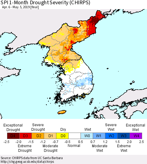 Korea SPI 1-Month Drought Severity (CHIRPS) Thematic Map For 4/6/2019 - 5/5/2019