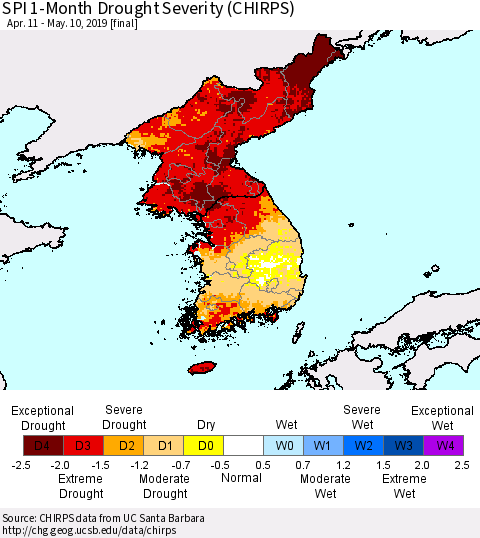 Korea SPI 1-Month Drought Severity (CHIRPS) Thematic Map For 4/11/2019 - 5/10/2019