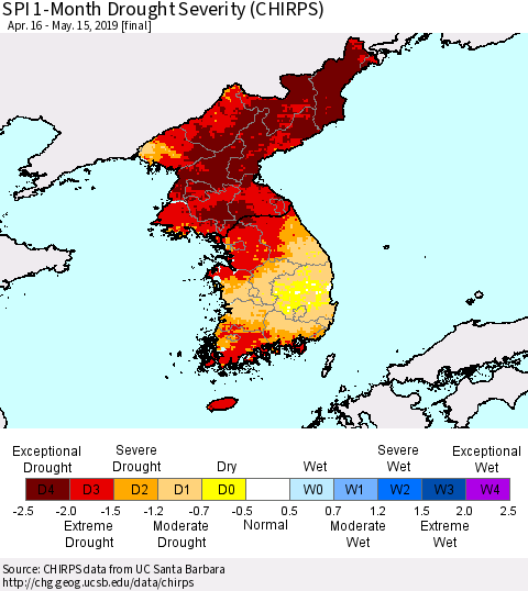 Korea SPI 1-Month Drought Severity (CHIRPS) Thematic Map For 4/16/2019 - 5/15/2019