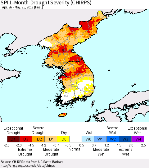 Korea SPI 1-Month Drought Severity (CHIRPS) Thematic Map For 4/26/2019 - 5/25/2019