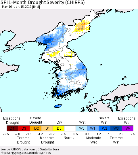 Korea SPI 1-Month Drought Severity (CHIRPS) Thematic Map For 5/16/2019 - 6/15/2019