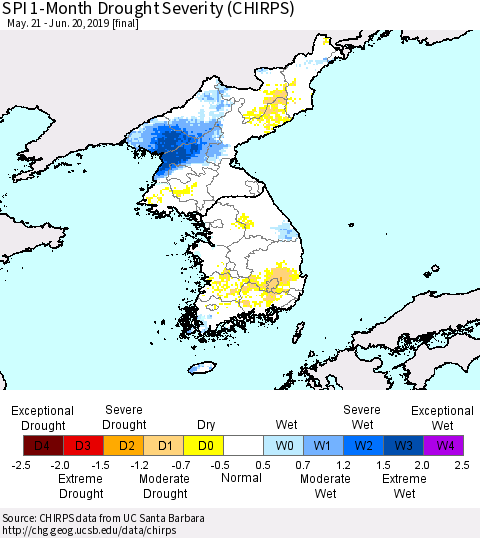 Korea SPI 1-Month Drought Severity (CHIRPS) Thematic Map For 5/21/2019 - 6/20/2019