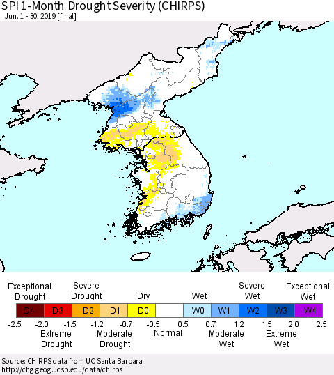 Korea SPI 1-Month Drought Severity (CHIRPS) Thematic Map For 6/1/2019 - 6/30/2019