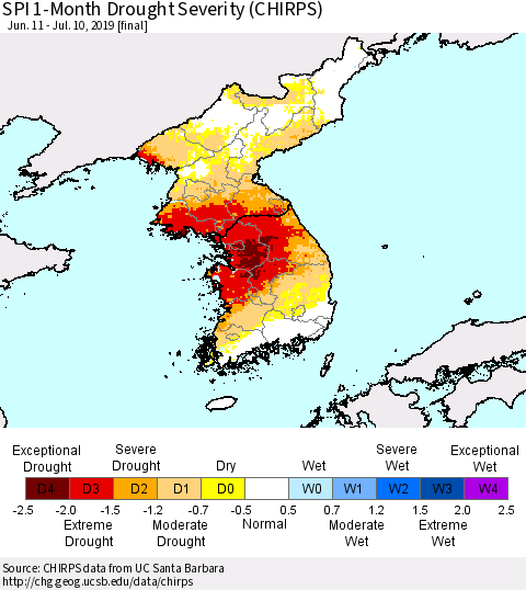 Korea SPI 1-Month Drought Severity (CHIRPS) Thematic Map For 6/11/2019 - 7/10/2019