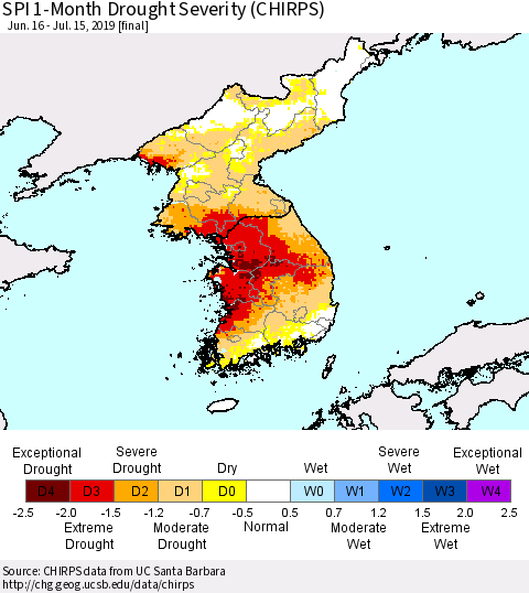 Korea SPI 1-Month Drought Severity (CHIRPS) Thematic Map For 6/16/2019 - 7/15/2019