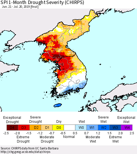 Korea SPI 1-Month Drought Severity (CHIRPS) Thematic Map For 6/21/2019 - 7/20/2019
