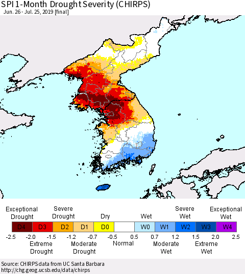 Korea SPI 1-Month Drought Severity (CHIRPS) Thematic Map For 6/26/2019 - 7/25/2019