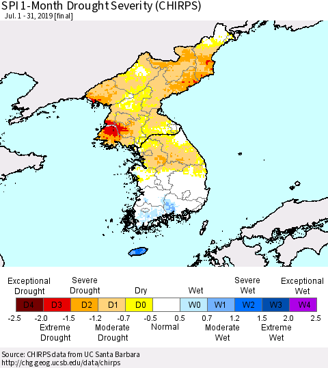 Korea SPI 1-Month Drought Severity (CHIRPS) Thematic Map For 7/1/2019 - 7/31/2019