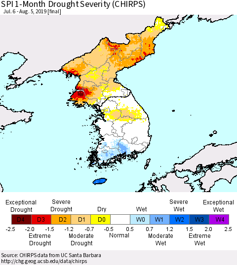 Korea SPI 1-Month Drought Severity (CHIRPS) Thematic Map For 7/6/2019 - 8/5/2019