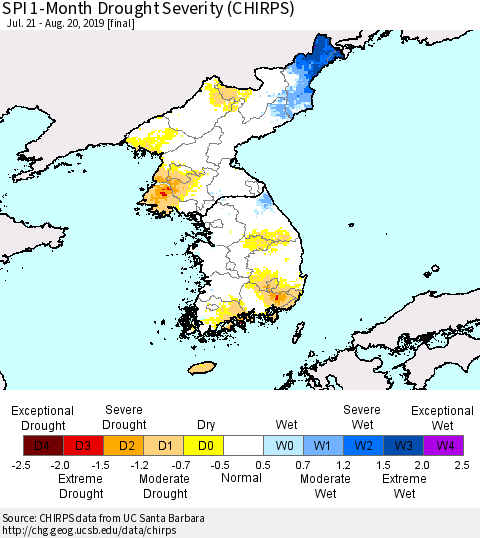 Korea SPI 1-Month Drought Severity (CHIRPS) Thematic Map For 7/21/2019 - 8/20/2019
