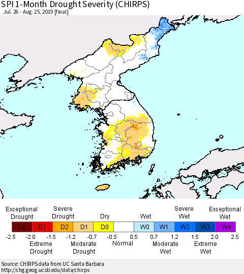 Korea SPI 1-Month Drought Severity (CHIRPS) Thematic Map For 7/26/2019 - 8/25/2019